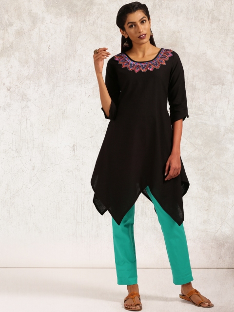 Anouk Women Black Solid A-Line Asymmetric Kurta