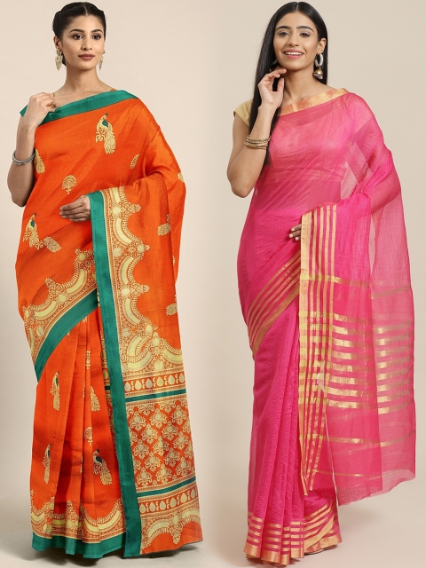 KALINI Multicolored Striped Saree, Orange