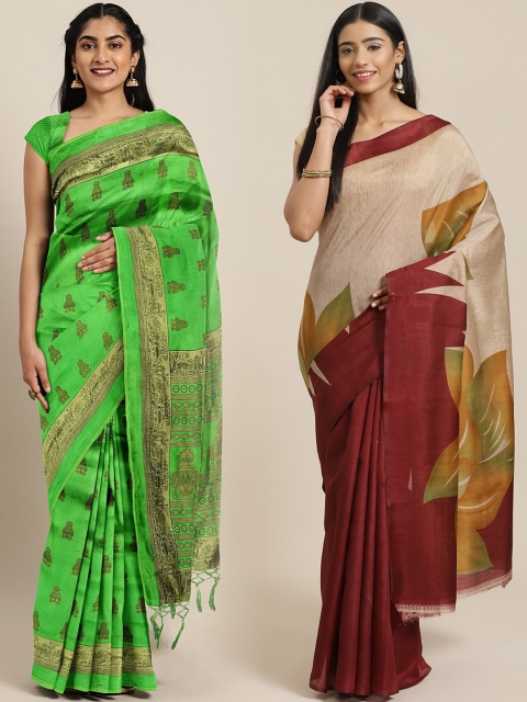 KALINI Pack Of 2 Printed Sarees, Green