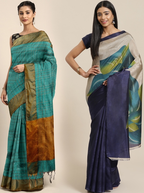 KALINI Pack of 2 Teal Blue & Grey Art Silk Sarees
