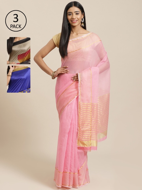 KALINI Pack of 3 Pink & Blue Cotton Silk Sarees