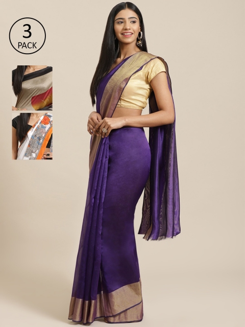 KALINI Red Pack of 3 Printed Saree, Purple