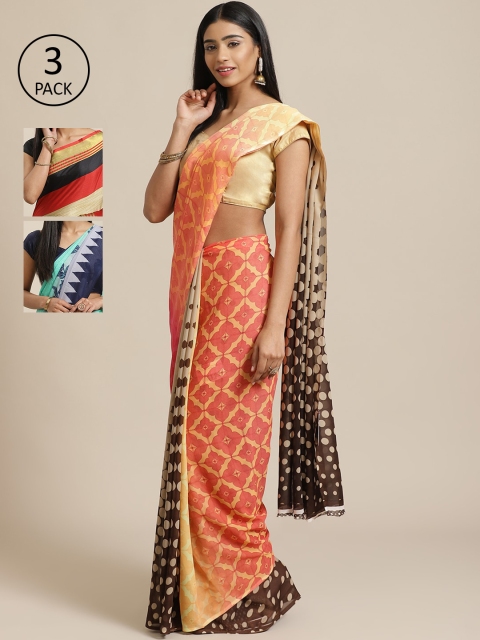 KALINI Pack of 3 Printed Sarees, Peach