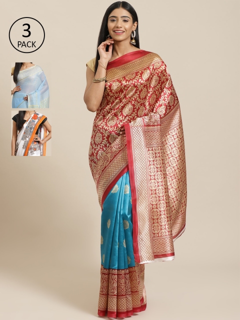 KALINI Pack of 3 Red & Blue Mysore Silk Sarees