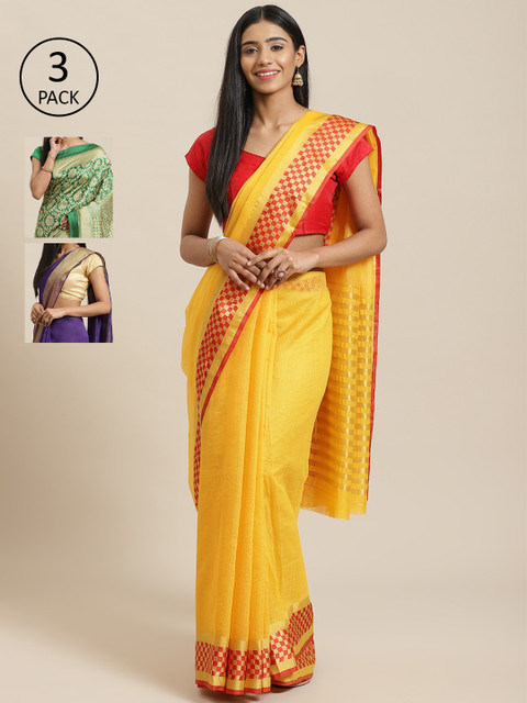 KALINI Pack Of 3 Solid Sarees, Yellow 
KALINI Pack Of 3 Solid Sarees, Yellow