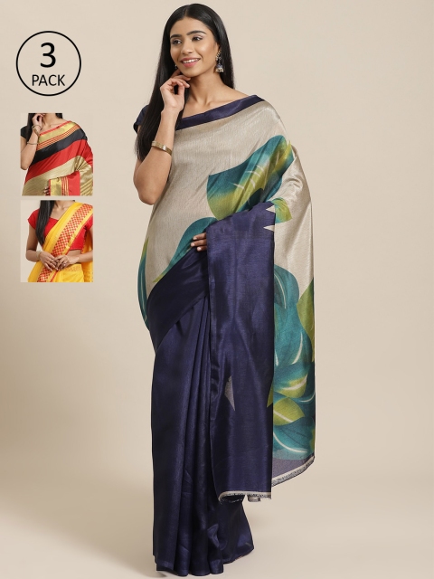 KALINI Pack of 3 Printed Saree, Navy blue