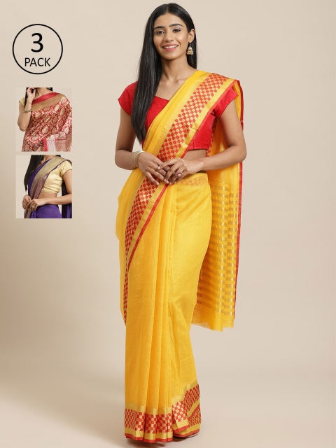 KALINI Pack of 3 Printed Sarees, Yellow