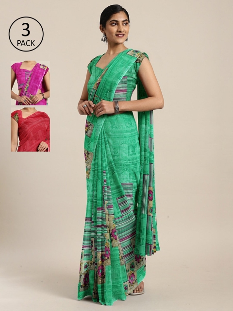 KALINI Pack of 3 Printed Sarees, Green