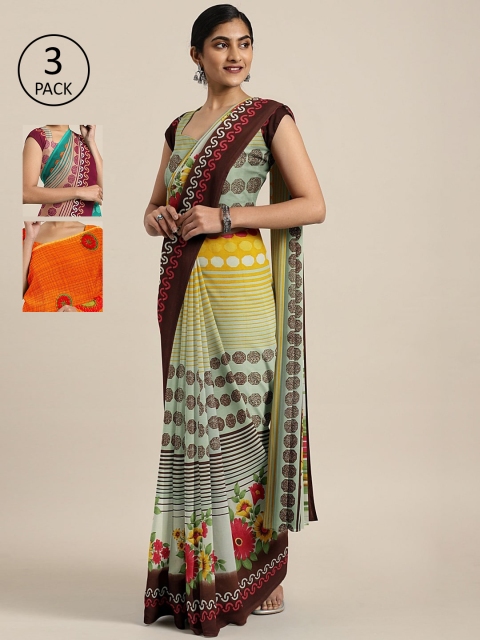 KALINI Pack of 3 Printed Sarees, Yellow