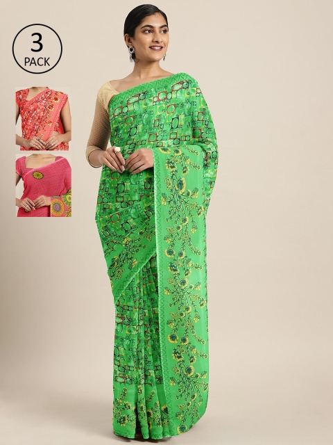 KALINI Pack Of 3 Printed Pure Georgette Sarees, Green