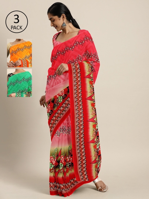 KALINI Pack of 3 Printed Sarees, Red