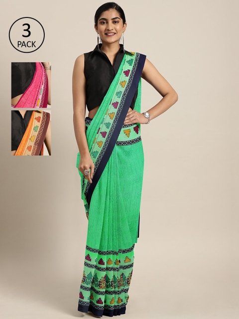 KALINI Pack of 3 Printed Sarees, Green