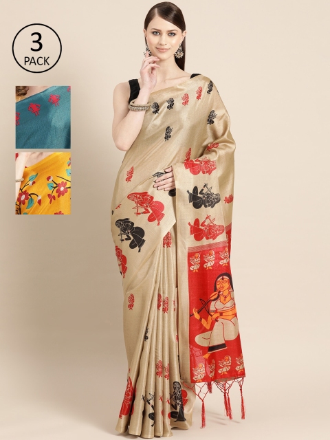 KALINI Pack of 3 Printed Art Silk Saree, Beige