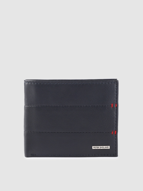 Peter England Men Navy Blue Solid Leather Two Fold Wallet