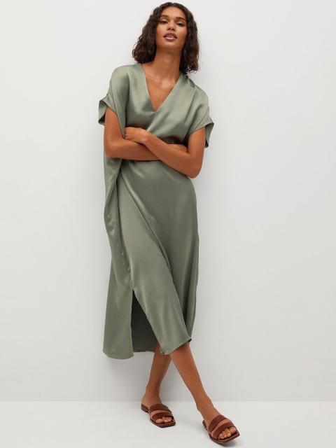 MANGO Women Grey Satin Shift Midi Dress