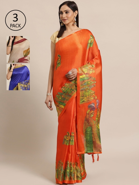 KALINI Pack Of 3 Art Silk Sarees, Orange