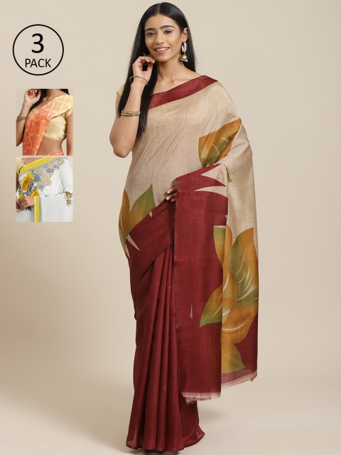 KALANI Pack of 3 Printed sarees, Beige