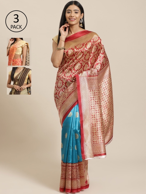 KALINI Pack of 3 Red & Blue Mysore Silk Sarees