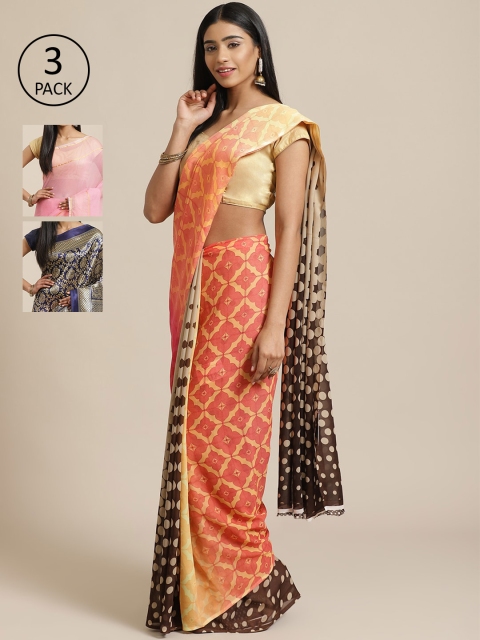 KALINI Pack of 3 Sarees, Peach