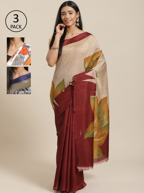 KALINI Pack of 3 Maroon & Beige Mysore Silk Sarees