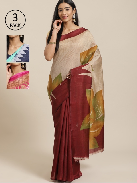 KALINI Pack Of 3 Art Silk Printed Mysore Silk Sarees, Beige