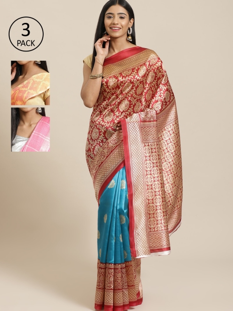 KALINI Pack Of 3 Printed Mysore Silk Sarees, Red