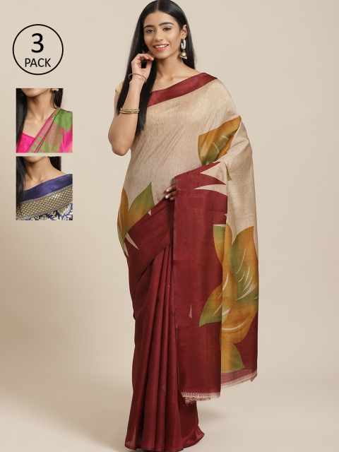 KALINI Pack Of 3 Printed Mysore Silk Sarees, Beige