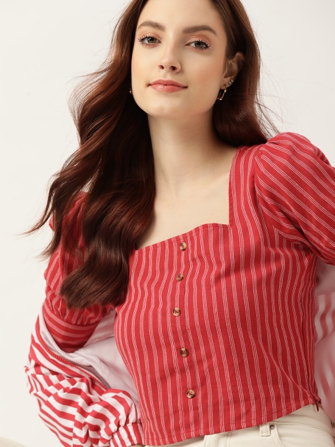 DressBerry Red & White Striped Cotton Crop Top