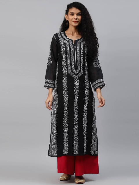 ADA Women Black & White Paisley Hand Embroidered Chikankari Kurta