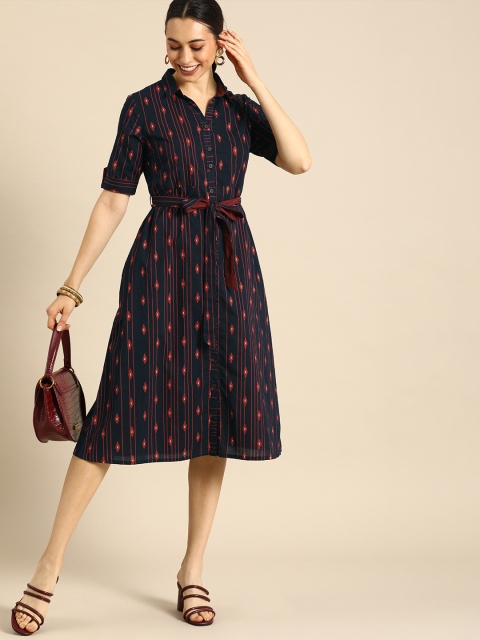 Anouk Navy Blue & Red Striped A-Line Midi Dress