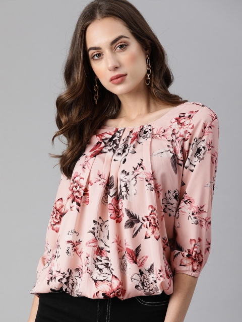 AHIKA Pink & Black Floral Puff Sleeve Georgette Blouson Top