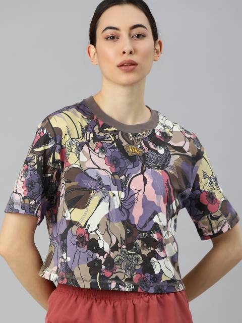 Nike Women Purple Black Floral Printed Cotton NSW FEMME Loose Cropped Pure Cotton T-shirt
Nike Women Purple Black Floral Printed Cotton NSW FEMME Loose Cropped Pure Cotton T-shirt