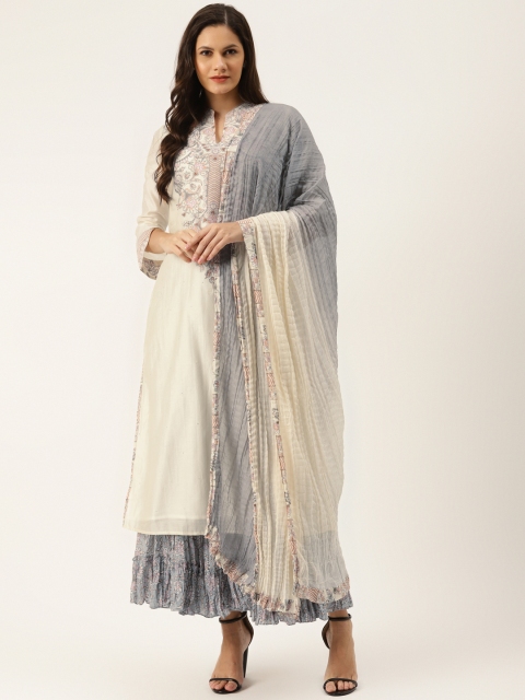 Ritu Kumar Women Off White & Grey Yoke Design Chanderi Cotton Kurta with Sharara &Dupatta
Ritu Kumar Women Off White & Grey Yoke Design Chanderi Cotton Kurta with Sharara &Dupatta