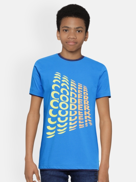 Indian Terrain Boys Blue Typography Printed Pure Cotton T-shirt