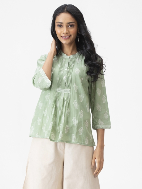 Fabindia Women Green & White Mandarin Collar Pleated Handblock Ethnic Motifs Print Tunic
Fabindia Women Green & White Mandarin Collar Pleated Handblock Ethnic Motifs Print Tunic
