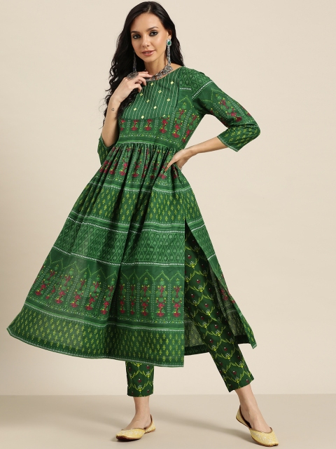 Sangria Women Green Motifs Print Thread Work Gathered Cotton A-line Kurta with Trousers
Sangria Women Green Motifs Print Thread Work Gathered Cotton A-line Kurta with Trousers
