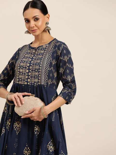 Sangria Women Navy Blue & Beige Pure Cotton Ethnic Motifs Printed Keyhole Neck Kurta
Sangria Women Navy Blue & Beige Pure Cotton Ethnic Motifs Printed Keyhole Neck Kurta