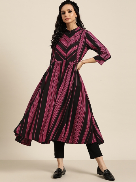 Sangria Women Black & Pink Striped Kurta
