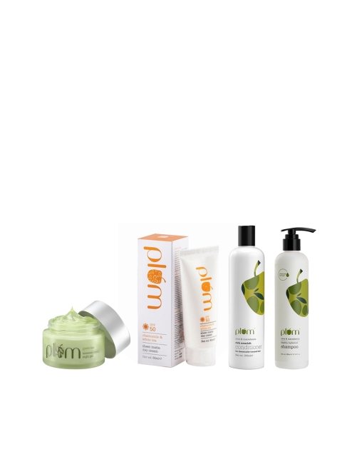Plum Set Of Sustainable Day Cream- Night Gel- Hydration Shampoo-Nourish Conditioner, Green
Plum Set Of Sustainable Day Cream- Night Gel- Hydration Shampoo-Nourish Conditioner, Green