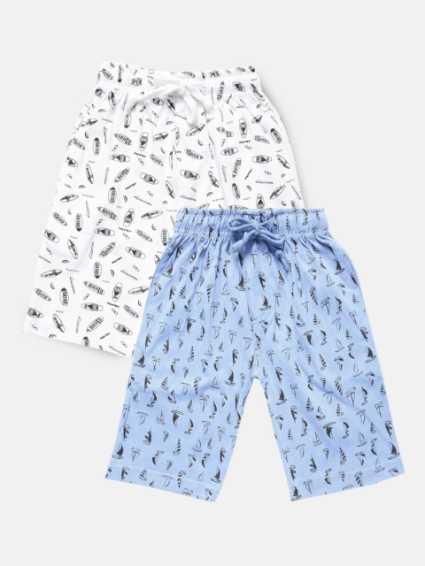 Urban Dog Boys Pack of 2 White & Blue Printed Cotton Shorts