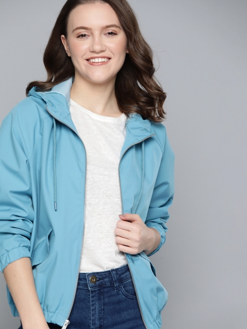 Mast & Harbour Women Blue Solid Bomber Jacket
