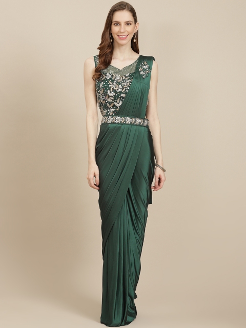 Grancy Green Solid Ready to Wear Saree with Stitched Blouse