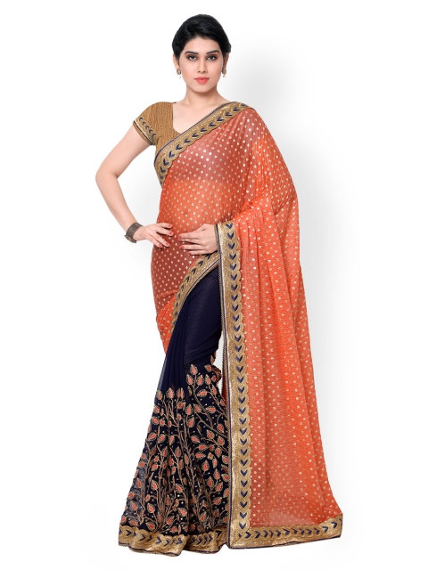 Kvsfab Orange & Blue Georgette Embellished Saree