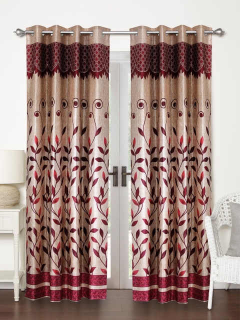 Home Sizzler Beige & Maroon Set of 2 Floral Door Curtain