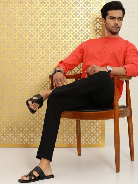 Ode by House of Pataudi Men Coral Red Solid Straight Kurta