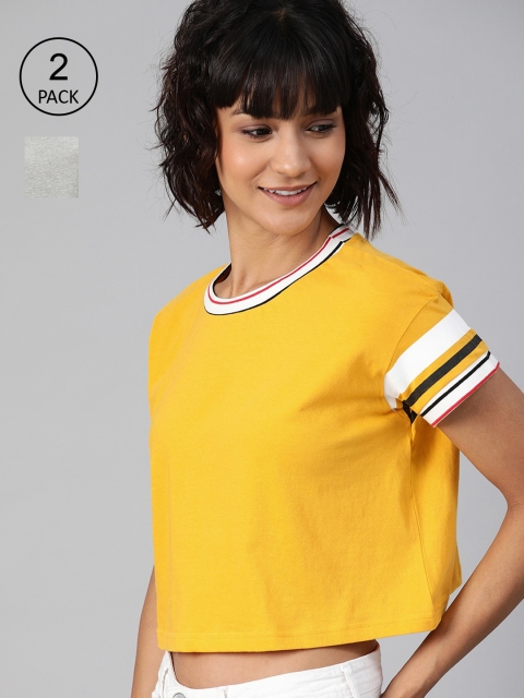 HERE&NOW Women Pack of 2 Mustard & White T-shirt