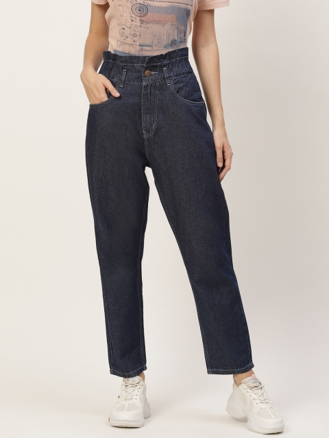 PARIS HAMILTON Women Navy Blue Pure Cotton High-Rise Slouchy Paper Bag Jeans