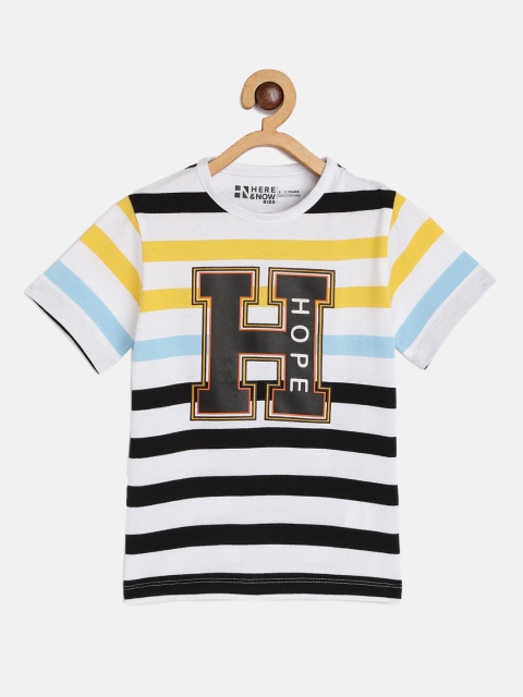 HERE&NOW Boys White & Black Striped Pure Cotton T-shirt