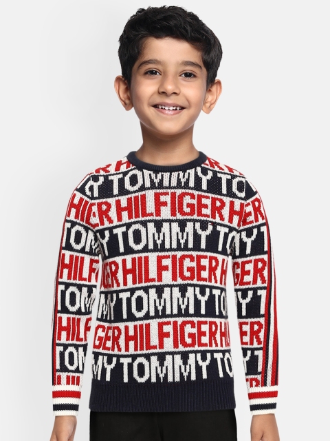 Tommy Hilfiger Boys Beige & Navy Blue Typography Printed Pure Organic Cotton Pullover
Tommy Hilfiger Boys Beige & Navy Blue Typography Printed Pure Organic Cotton Pullover