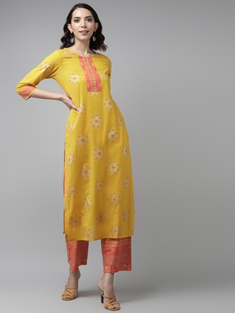 Amirah s Women Mustard Yellow & Red Ethnic Motifs Printed Pure Cotton Kurta with Palazzos
Amirah s Women Mustard Yellow & Red Ethnic Motifs Printed Pure Cotton Kurta with Palazzos